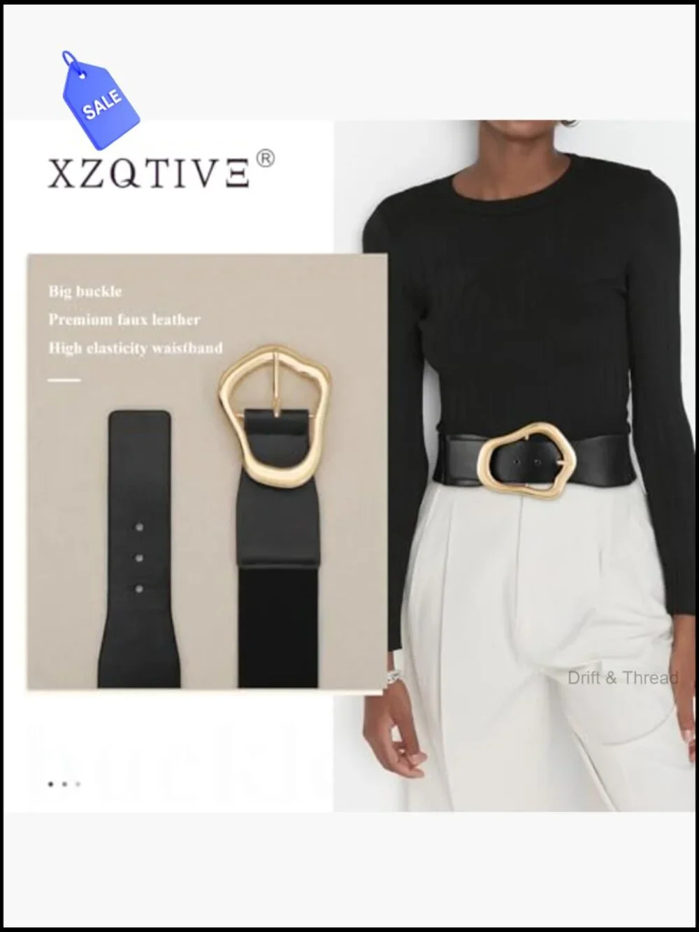 Wide Elastic Waist Belt with Large Gold Buckle Stretchy Leather Waistband